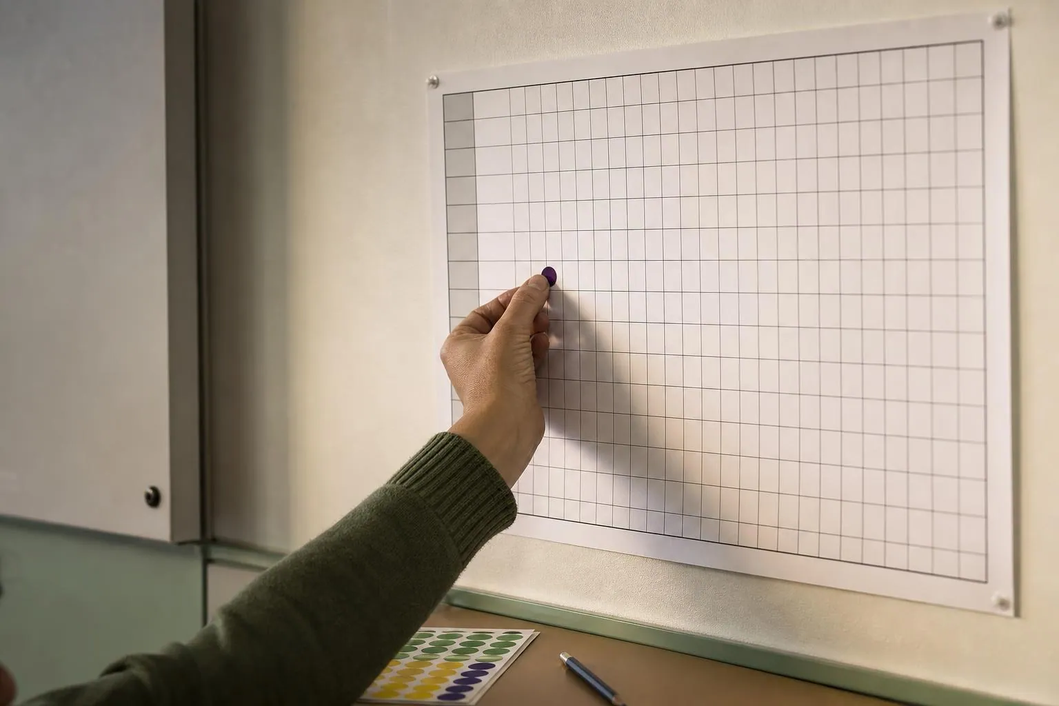 Un calendrier mural annuel punaisé dans un bureau administratif, avec une main qui appose une pastille de couleur sur une case.