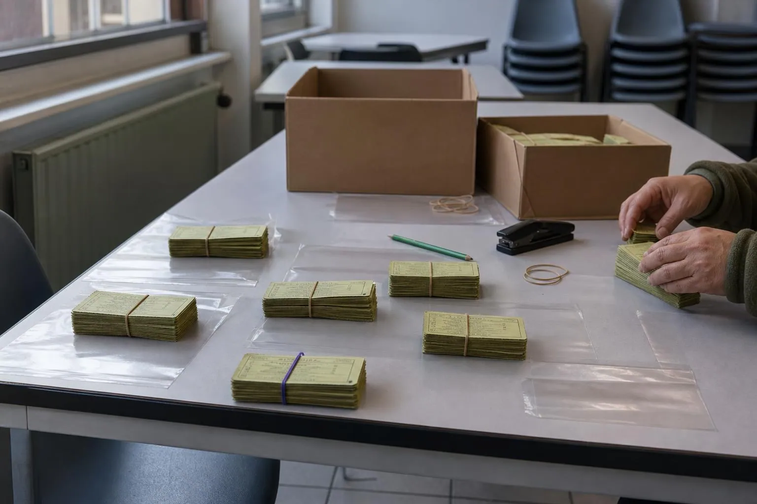 Des piles de coupons cartonnés triées par événement sur une table de réfectoire municipal, avec des pochettes plastiques ouvertes.