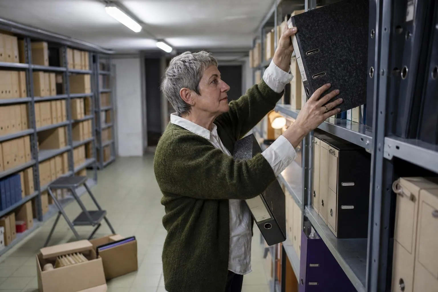 Une trésorière d’amicale sort des classeurs à levier d’un rayonnage métallique dans un local d’archives communales.