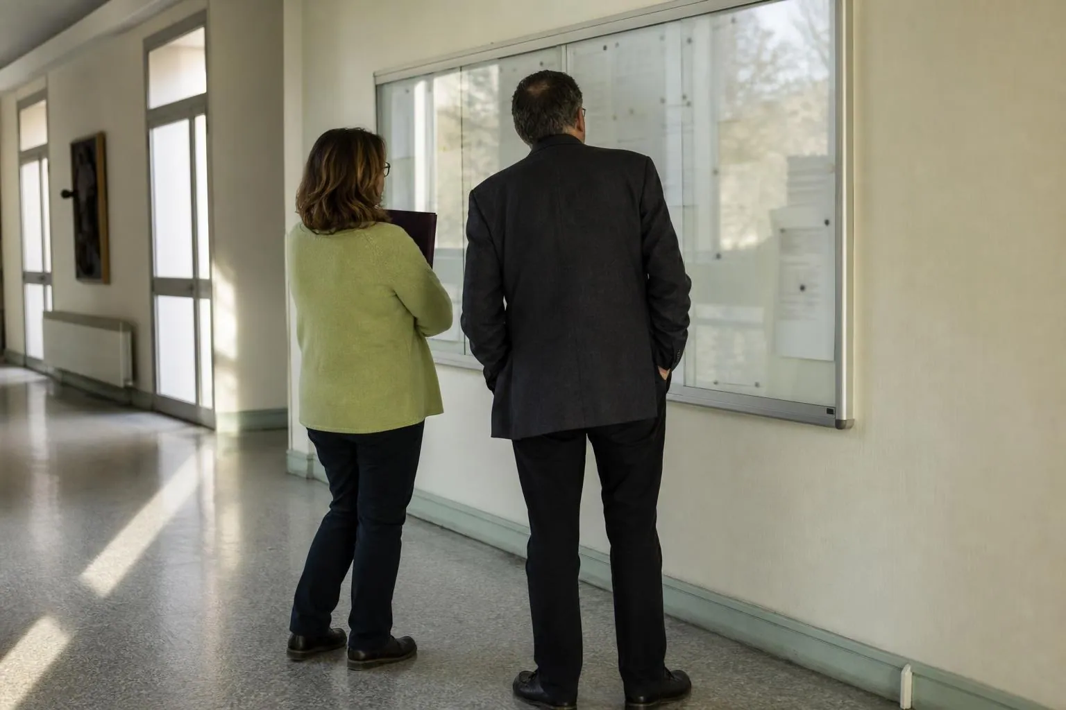 Un panneau d’affichage vitré dans un couloir d’hôtel de ville, devant lequel deux agents s’arrêtent pour lire une note.