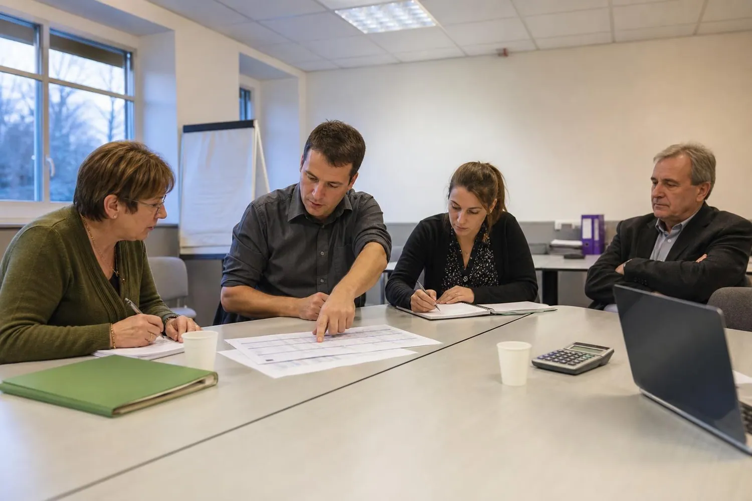 Quatre membres du bureau d'une amicale du personnel réunis autour d'une table de salle de réunion municipale, penchés sur des feuilles de calcul et un ordinateur portable